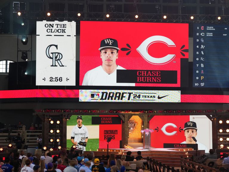 FORT WORTH, TX - JULY 14: A general view of the stage after Chase Burns was selected second overall by the Cincinnati Reds during the 2024 MLB Draft presented by Nike at Cowtown Coliseum on Sunday, July 14, 2024 in Fort Worth, Texas. (Photo by Sam Hodde/MLB Photos via Getty Images)