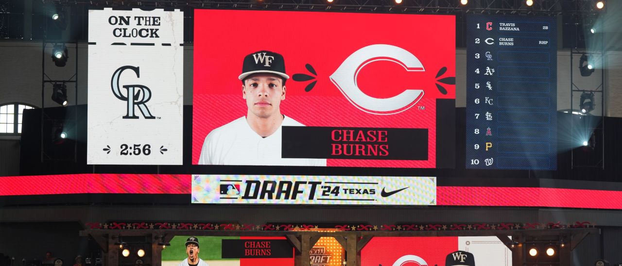 FORT WORTH, TX - JULY 14: A general view of the stage after Chase Burns was selected second overall by the Cincinnati Reds during the 2024 MLB Draft presented by Nike at Cowtown Coliseum on Sunday, July 14, 2024 in Fort Worth, Texas. (Photo by Sam Hodde/MLB Photos via Getty Images)