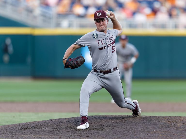 Evan Aschenbeck (53) Texas A&M Aggies vs Tennessee Vols in game 3 of the the College World Series Championship at Charles Schwab Field in Omaha, Nebraska on Monday, June 24, 2024 (Photo by Eddie Kelly / ProLook Photos)