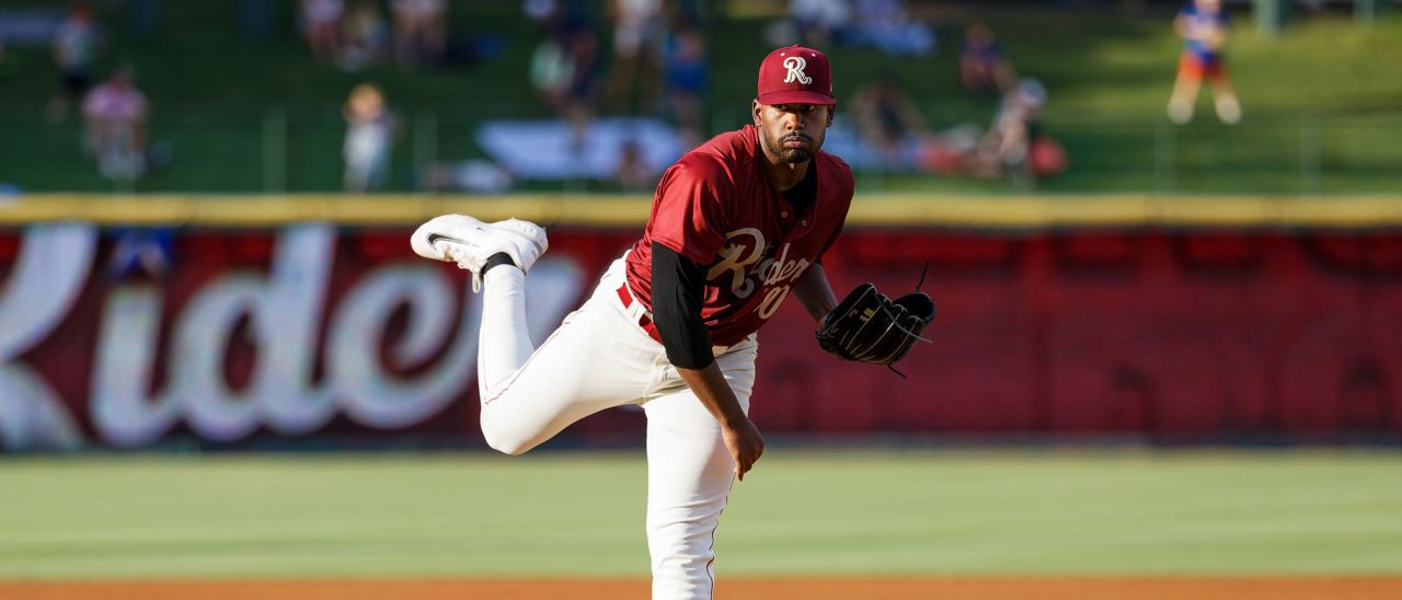 Kumar Rocker (80) makes his AA debut for the Frisco RoughRiders vs Tulsa Drillers in a AA Texas League minor league baseball game at Riders Field in Frisco, Texas on Friday, July 26, 2024 (Photo by Eddie Kelly / ProLook Photos)