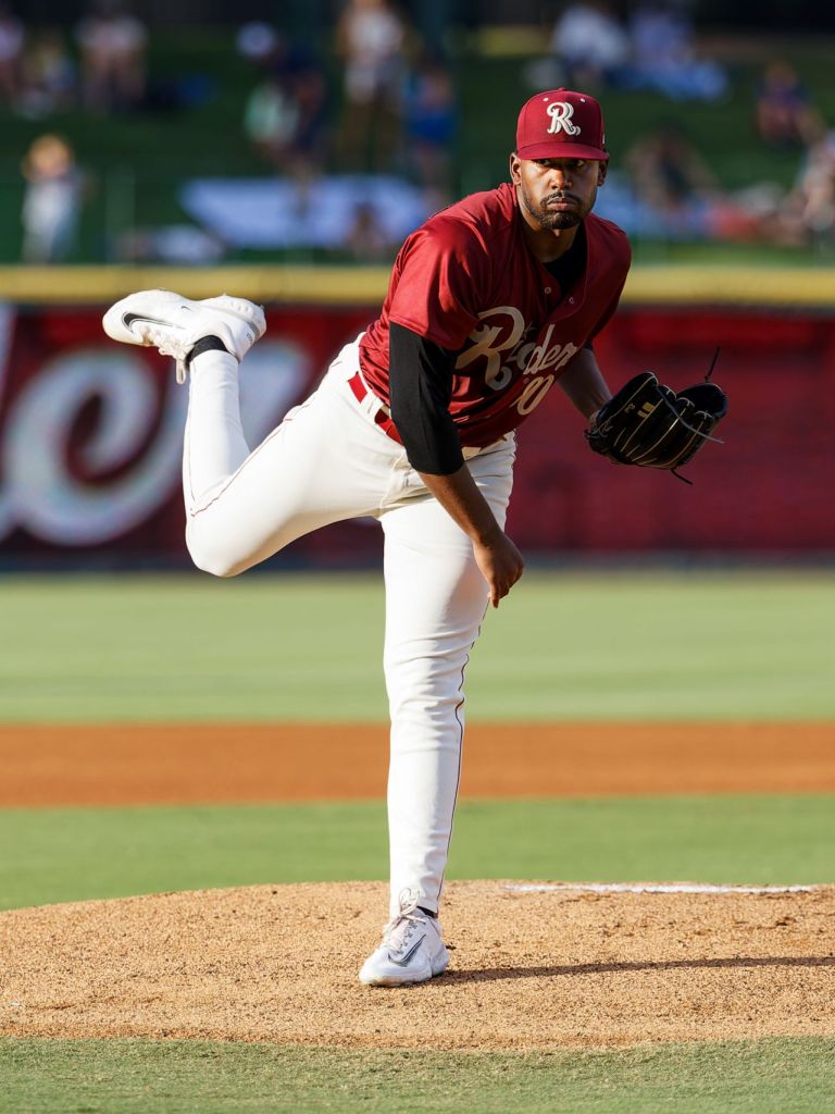 Kumar Rocker (80) makes his AA debut for the Frisco RoughRiders vs Tulsa Drillers in a AA Texas League minor league baseball game at Riders Field in Frisco, Texas on Friday, July 26, 2024 (Photo by Eddie Kelly / ProLook Photos)